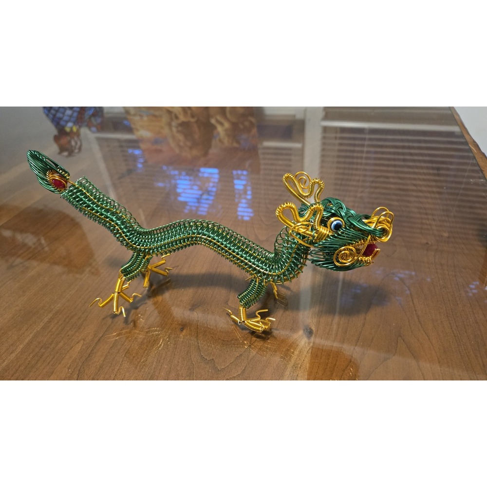 Chinese Dragon Wire Sculpture Green Gold Handcrafted Folk Art Figurine Decor